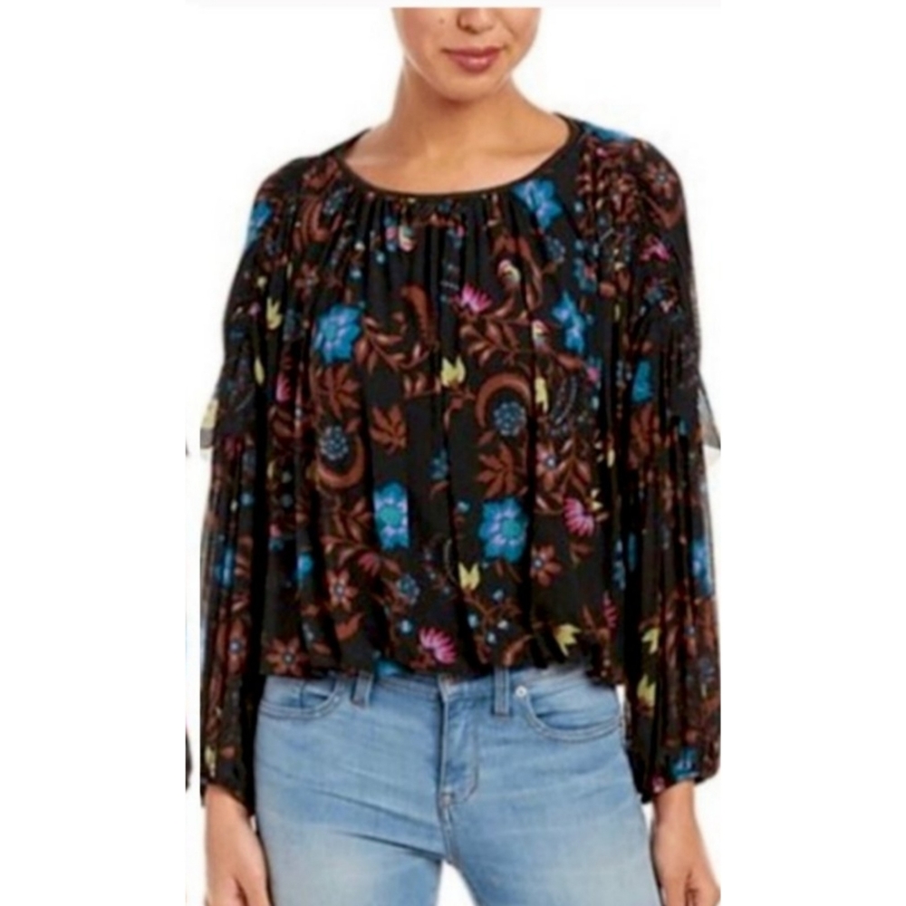 Free People Wildflower Honey Mesh Ruffle Peasant Blouse Size S